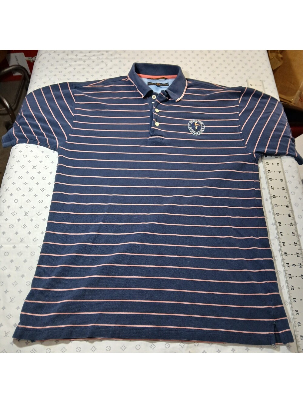 Tommy Hilfiger Preppy Striped Polo Shirt Navy Pink Short Sleeve Size M